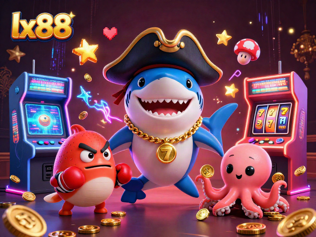 Experience thrilling games with lx88 featuring a pirate shark and friends in a vibrant casino scene.
