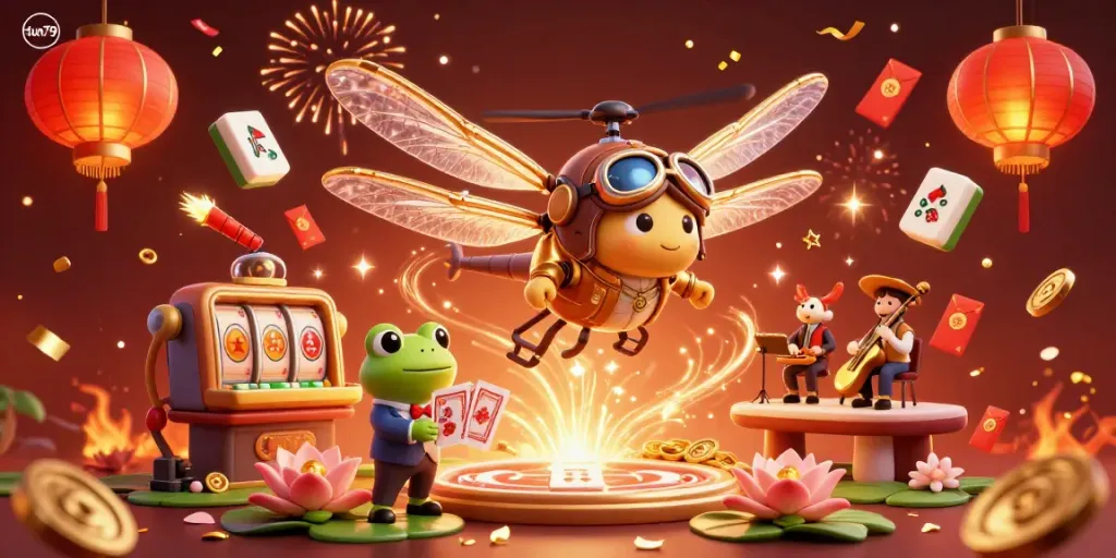 Experience thrilling slots at fun79 in a vivid 3D casino scene with animated characters and festive atmosphere.