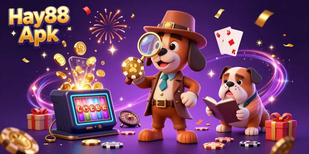 Engage in thrilling gameplay with Hay88 Apk featuring lively gaming elements and detective characters unearthing treasure.