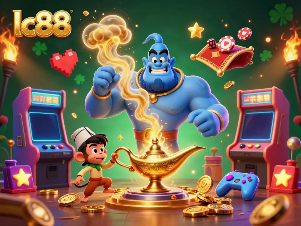 Experience the excitement of lc88 with a dynamic 3D casino scene featuring a genie, poker chips, and colorful gaming elements.