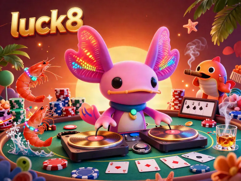 Experience the vibrant luck8 casino scene featuring a neon axolotl DJ and lively characters.