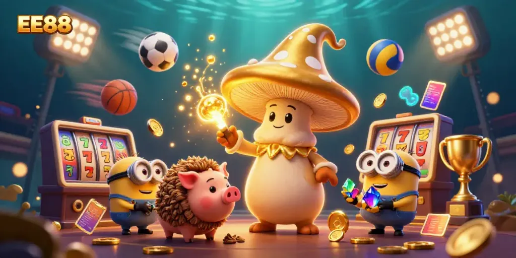 Engage with EE88's magical casino world featuring a wizard, treasure, and dynamic gaming elements.