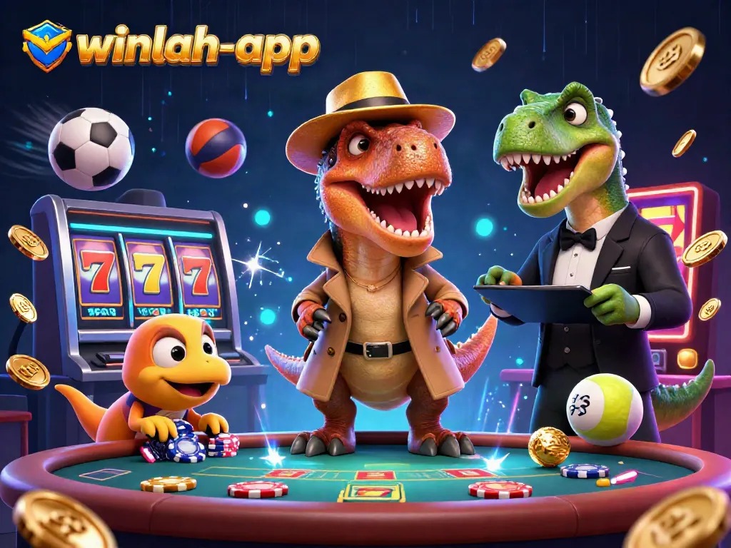 Winlah-app slot game excitement with playful velociraptor characters at a blackjack table.