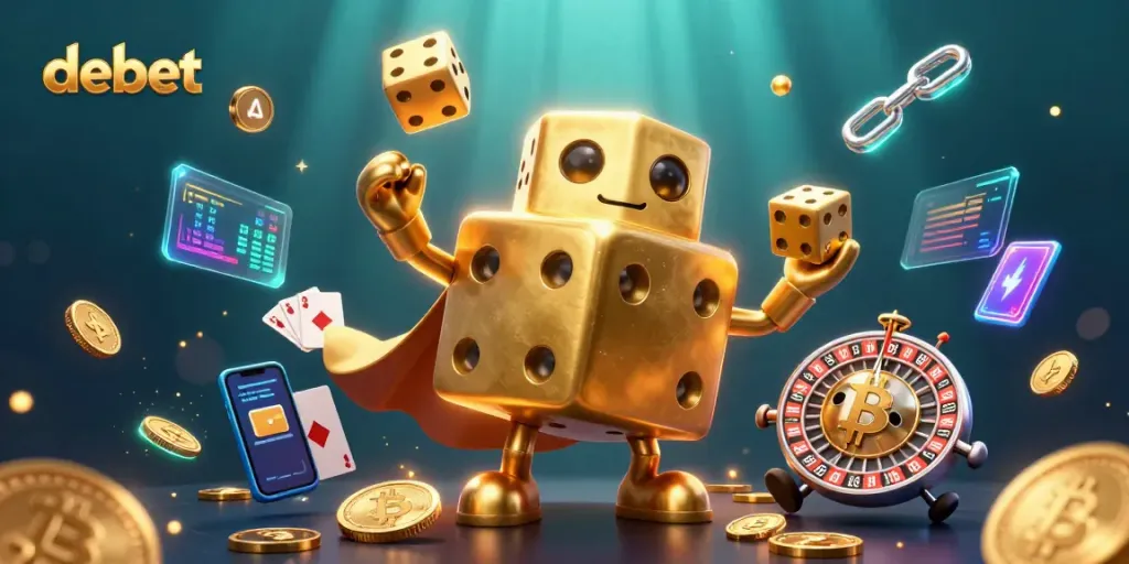 Experience debet gaming excitement with a golden dice golem and vibrant crypto elements