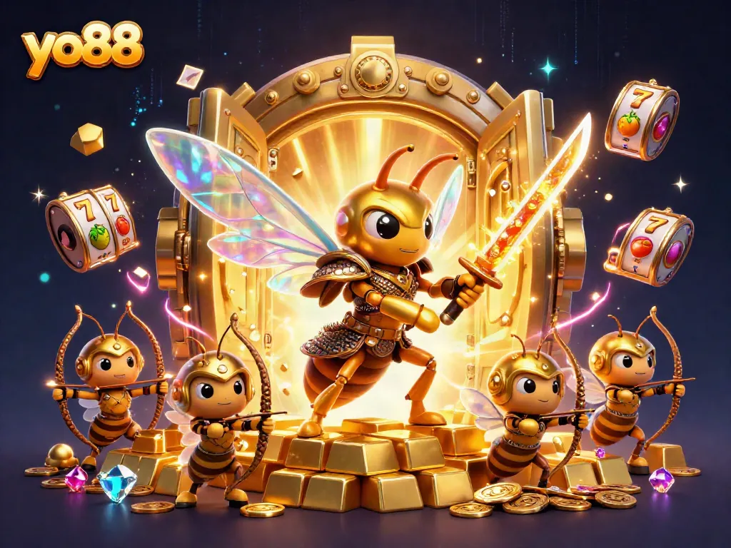 Engage with the yo88 gaming experience amidst golden treasures in this vibrant casino illustration.