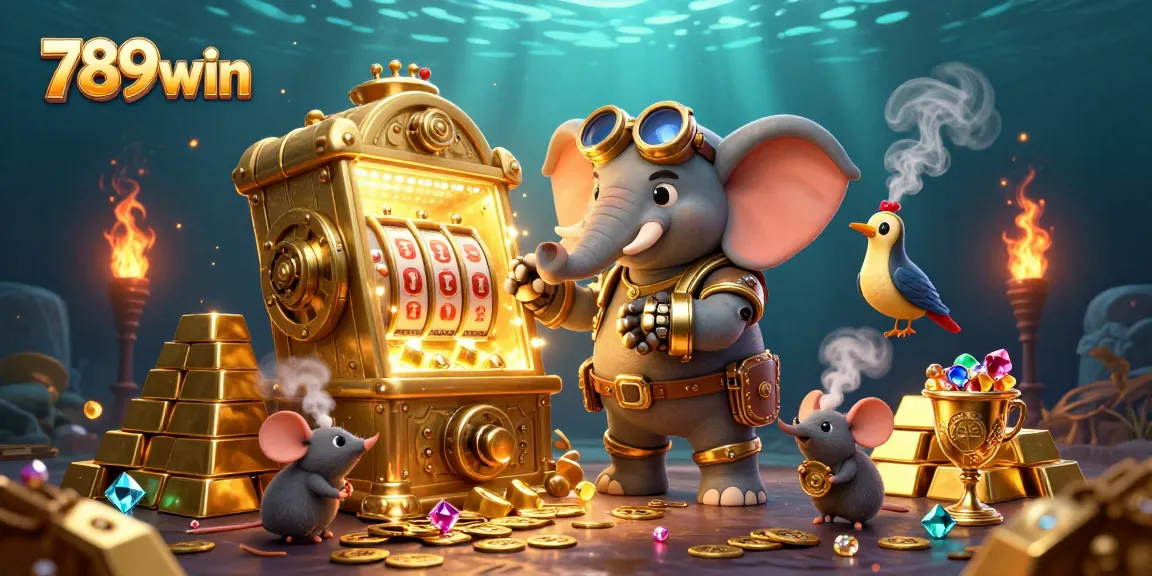 Engage in thrilling wins at 789win with a vibrant, steampunk-inspired casino illustration featuring golden slot machines and treasures.