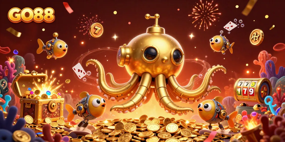 Experience thrilling gaming action with GO88's vibrant 3D illustration of underwater adventure and excitement.