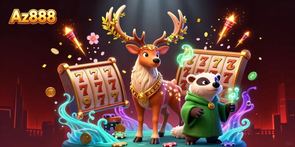 Engage with Az888's vibrant casino scene featuring dynamic slot reels and festive elements.