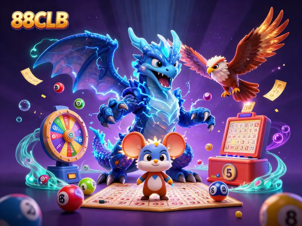 Experience the thrill of 88CLB with vibrant lottery elements surrounding dynamic characters.