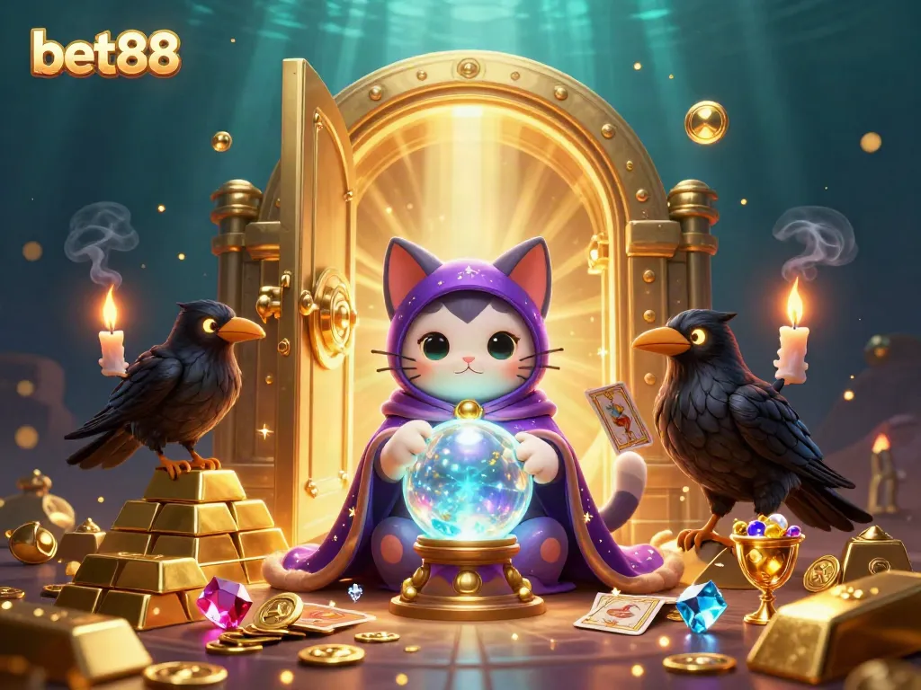 Explore exciting gaming adventures at bet88 with a mystical cat and raven in a treasure-filled scene.