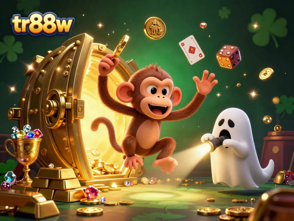 Join the whimsical tr88w adventure with a playful poltergeist monkey and a curious puppy in a lively casino.
