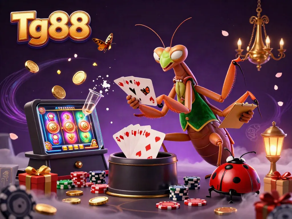 Tg88 showcases live casino action with a cartoon praying mantis dealer and vibrant game elements.