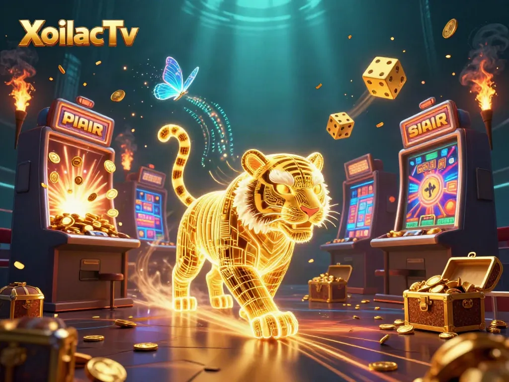 Experience the thrill of XoilacTv with vibrant casino elements and a dazzling tiger character.