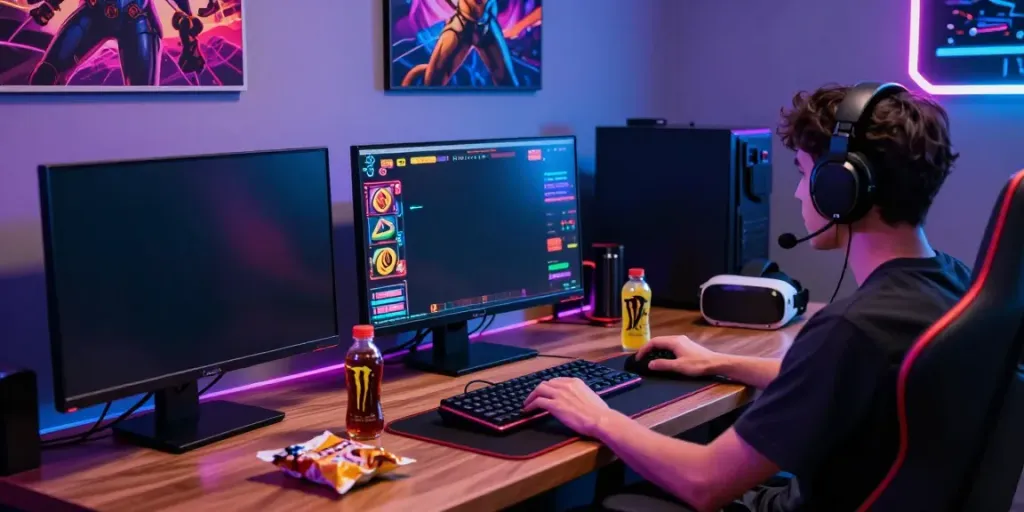 Engaging gaming setup showcasing slot gacor games on multiple screens.