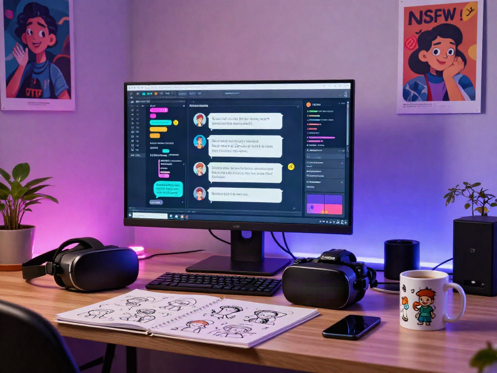 AI chat NSFW interface design development in a vibrant workspace.