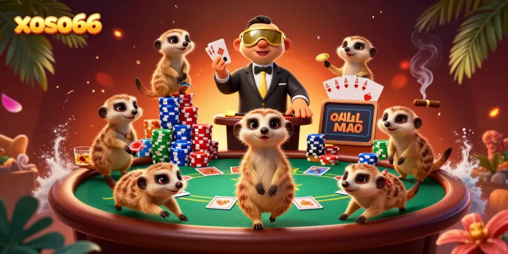 Xoso66 meerkats managing a vibrant casino scene with poker games and colorful chips.