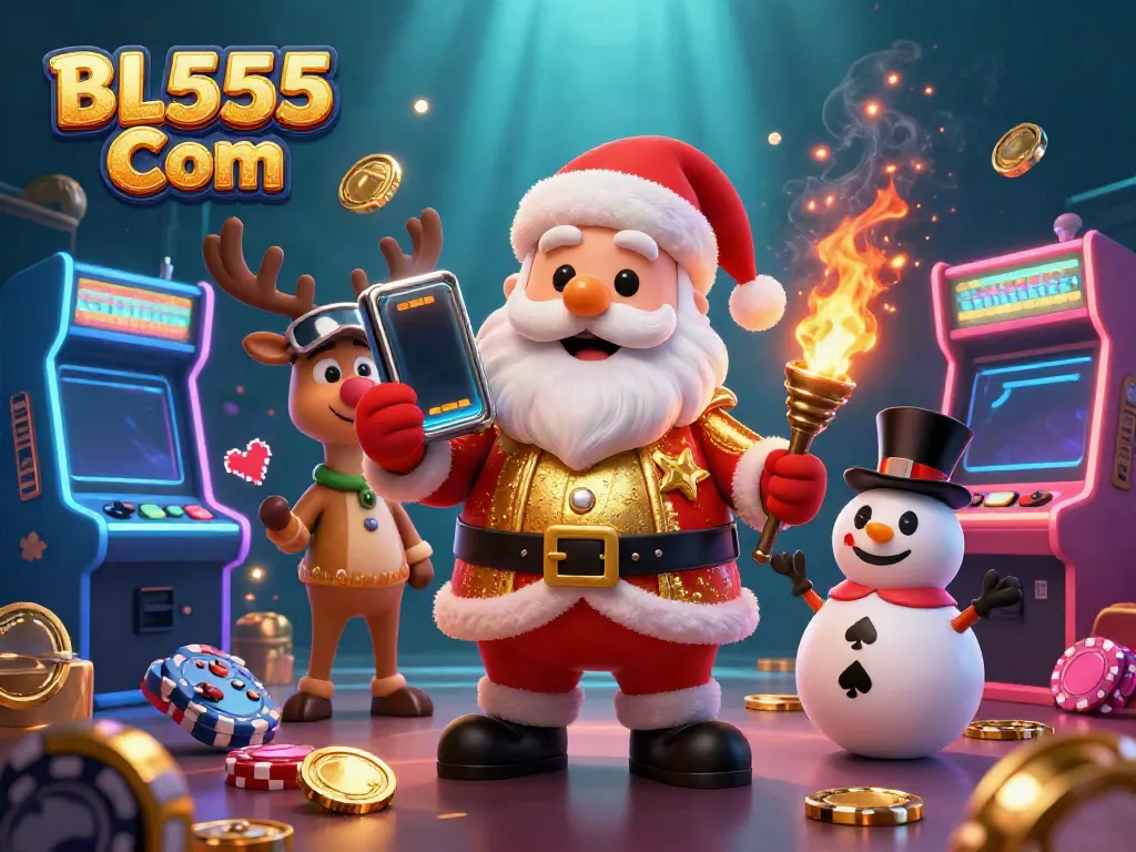 Experience thrilling gaming with BL555 Com in a vibrant 3D casino scene featuring Santa and friends.
