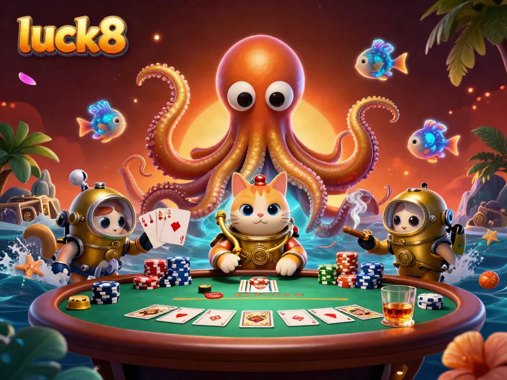 Experience luck8 with a colossal kraken at a vibrant poker table, winning big in this thrilling illustration.