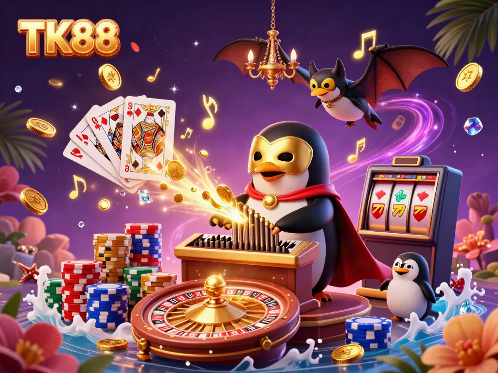 Experience excitement with TK88 as golden coins cascade from the pipe organ in this vibrant casino scene.
