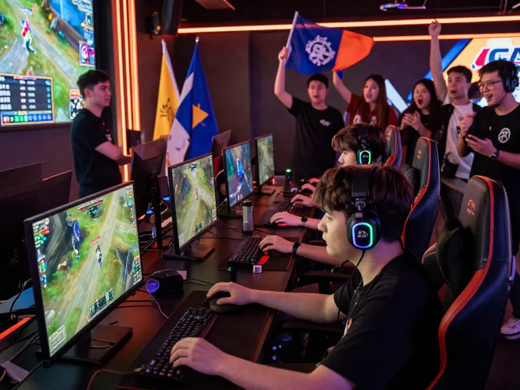 Gamers at istana404 esports event, showcasing intense gameplay and vibrant atmosphere with cheering fans.