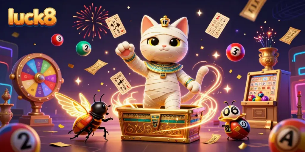Engage with luck8 themes through vibrant 3D casino art featuring Egyptian motifs and golden elements.