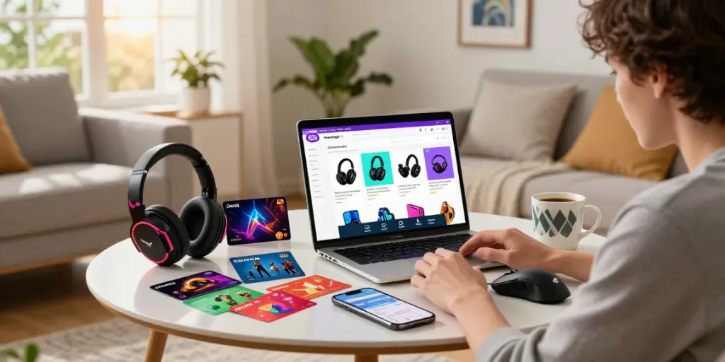 Engaging online shopping experience with warung168 for gaming accessories and gift cards in a cozy home.