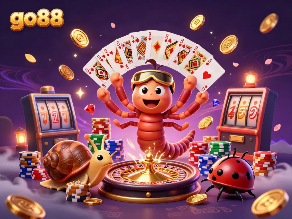 Experience the excitement of go88 at a vibrant casino with a cartoon millipede dealer and exciting game elements.