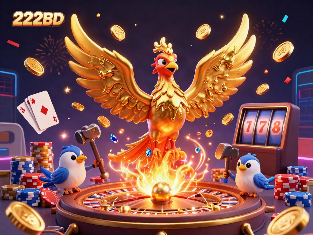 Engage with the vibrant 222BD gaming experience featuring a golden phoenix and casino elements.