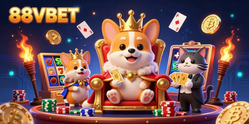 Engage with the vibrant 88VBET casino experience featuring slot reels, poker elements, and animated characters.