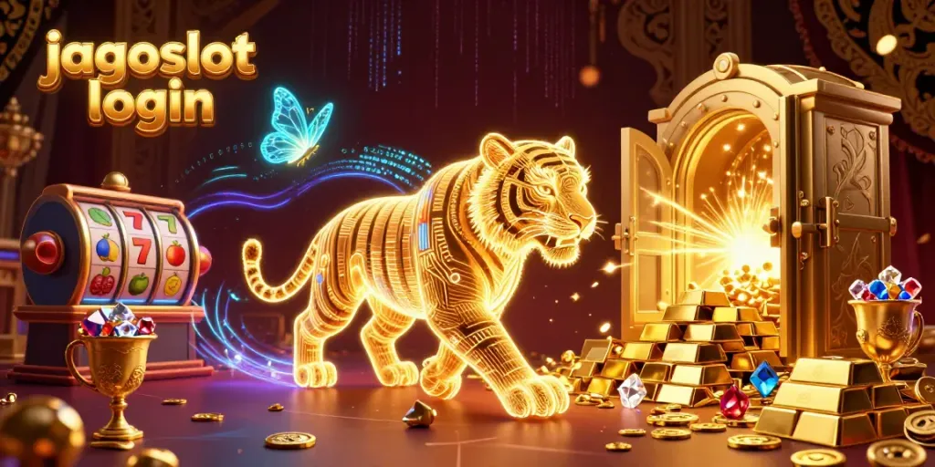 Gambar dinamis dengan jagoslot login, harimau emas neon dan petualangan dalam dunia kasino digital.