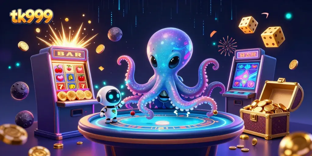 Engage in thrilling gameplay on tk999 with an alien octopus at a futuristic poker table, surrounded by dynamic casino elements.