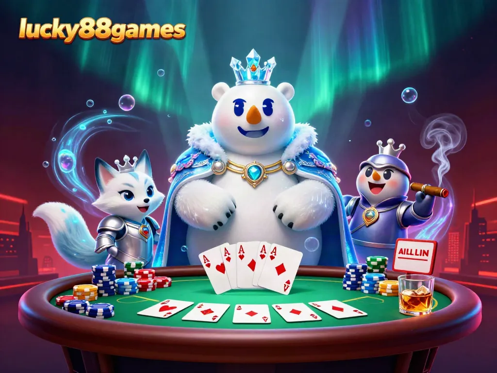 Experience lucky88games with a vivid polar bear and snow fox amidst vibrant casino elements.