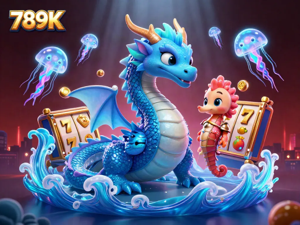 Experience thrilling slots at 789K with a dynamic illustration featuring mythical creatures and vibrant casino elements.