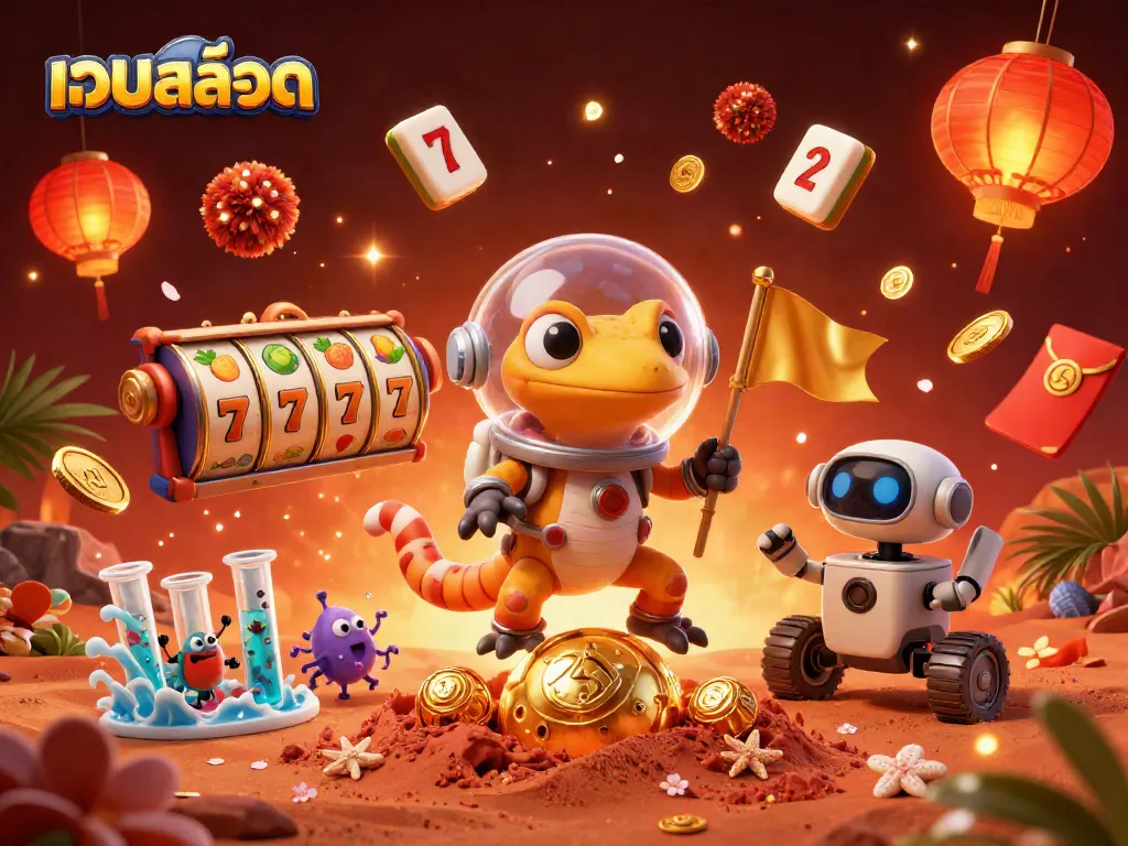 Engage with เว็บสล็อต in an exciting scene of a Martian gecko discovering a golden casino.