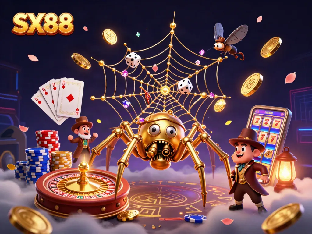 SX88 showcases a steampunk spider amidst dazzling casino elements and shimmering treasures.