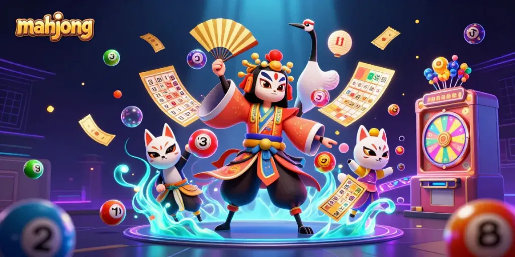 Melihat mahjong dalam ilustrasi 3D dengan karakter kabuki dan elemen kasino yang dinamis.