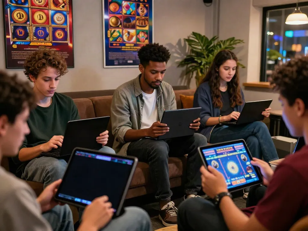 Players enjoying slot Thailand games on smartphones in a vibrant lounge setting.