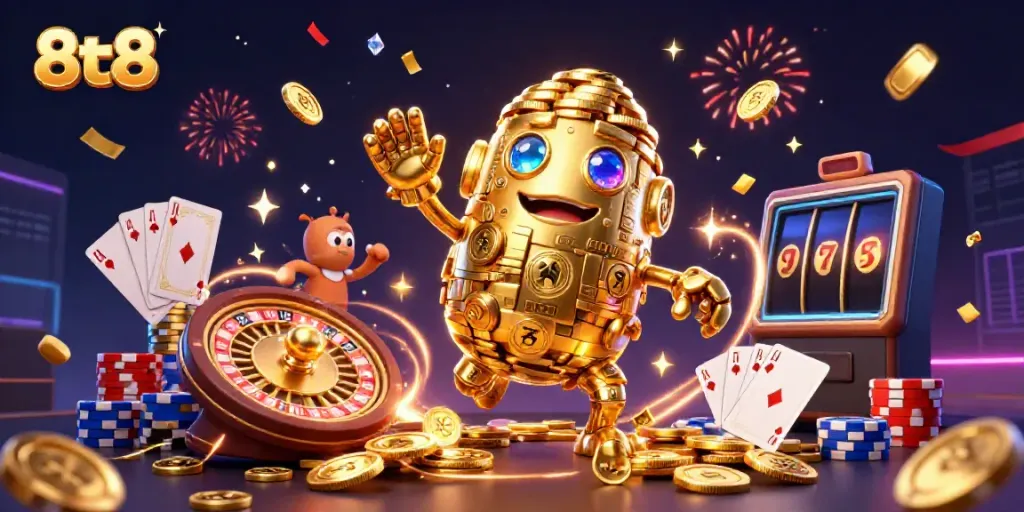Engage with 8tt8 as shimmering riches cascade in a dynamic casino scene featuring vibrant game elements.