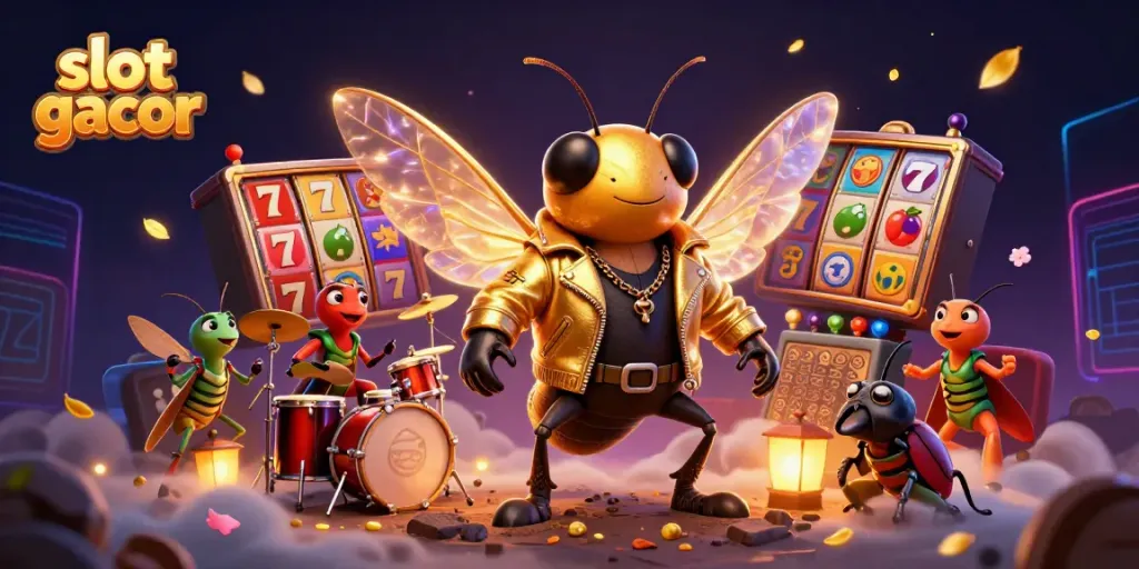 Slot gacor menampilkan karakter kartun musik dalam latar kasino yang kaya dan berwarna.