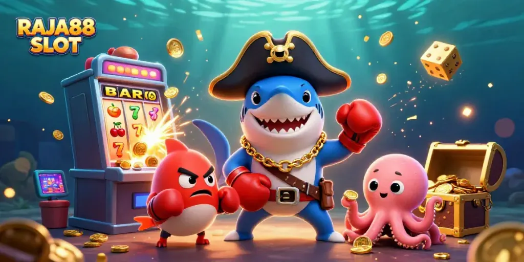 Engage with the exciting world of RAJA88 SLOT in this vibrant 3D cartoon scene featuring lively characters and casino elements.