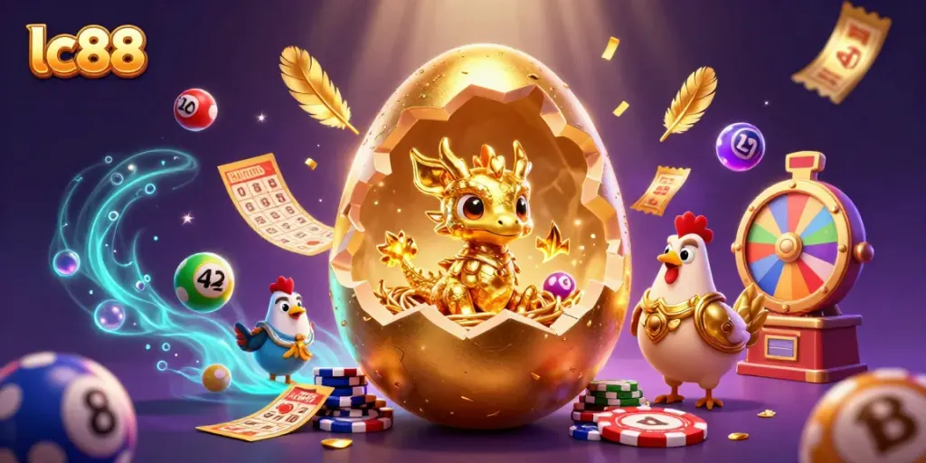 Engage with LC88’s exciting gaming world featuring a golden dragon and Poker chips.