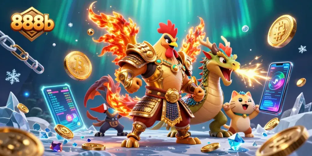 Engage with 888b’s exciting world featuring a fighting rooster and dragon amid crypto coins and jackpots.
