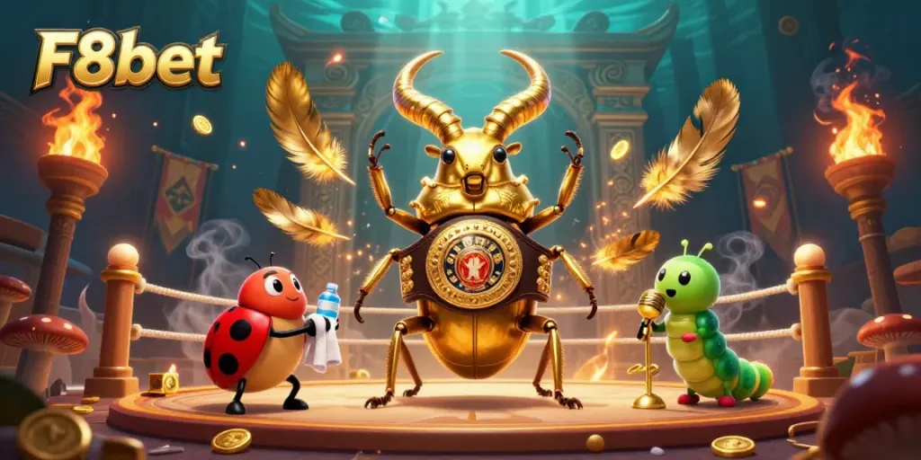 F8bet features a dynamic boxing scene with a golden stag beetle champion amidst betting tokens and coins.