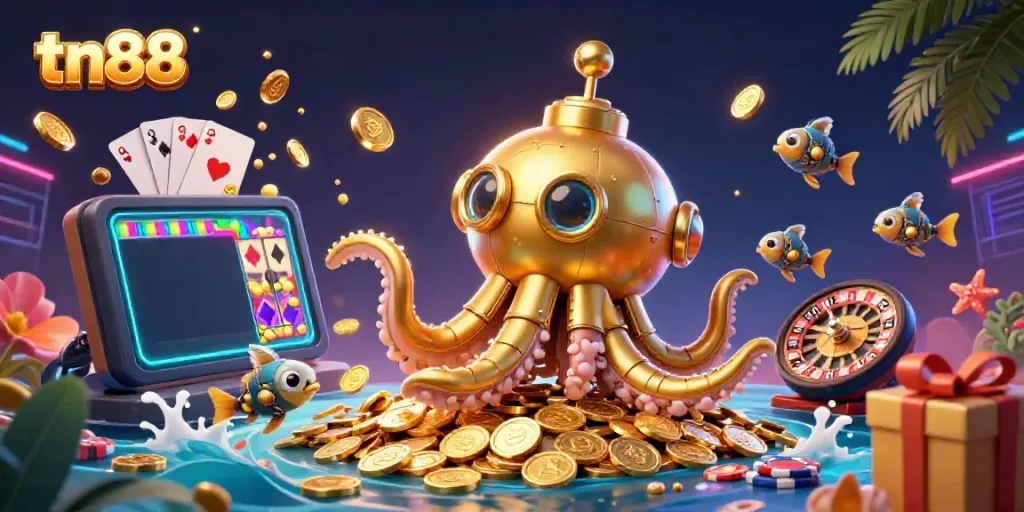 Engage with tn88's vibrant world, featuring a golden kraken submarine amidst coins and dynamic slot game elements.
