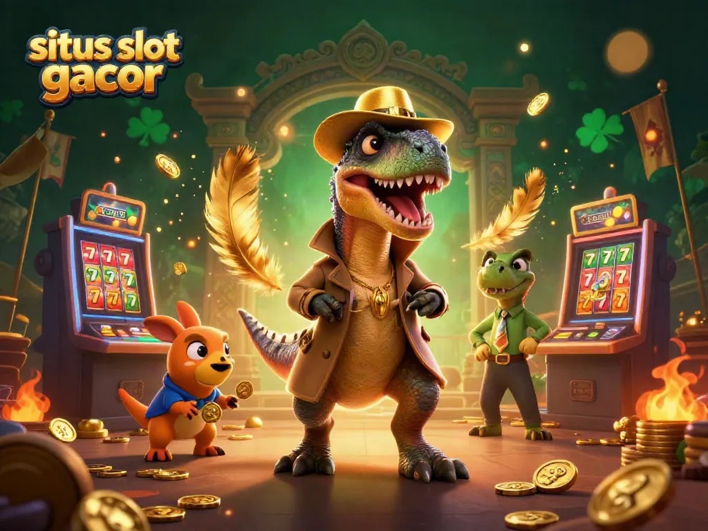 Catch a glimpse of situs slot gacor excitement with a card-counting velociraptor amid slot machine chaos.