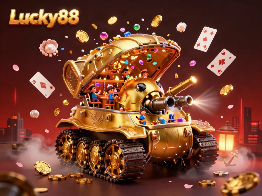 Experience the vibrant casino magic of Lucky88, featuring a golden beetle tank and rich gaming elements.