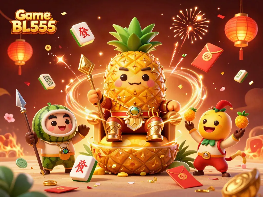 Engage with Game BL555's vibrant beach casino scene featuring a golden pineapple king and festive elements.