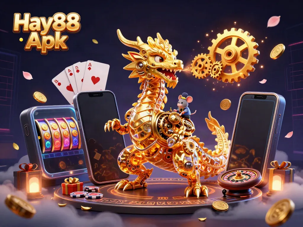 Experience excitement with the Hay88 Apk, featuring a golden dragon and dynamic casino elements.