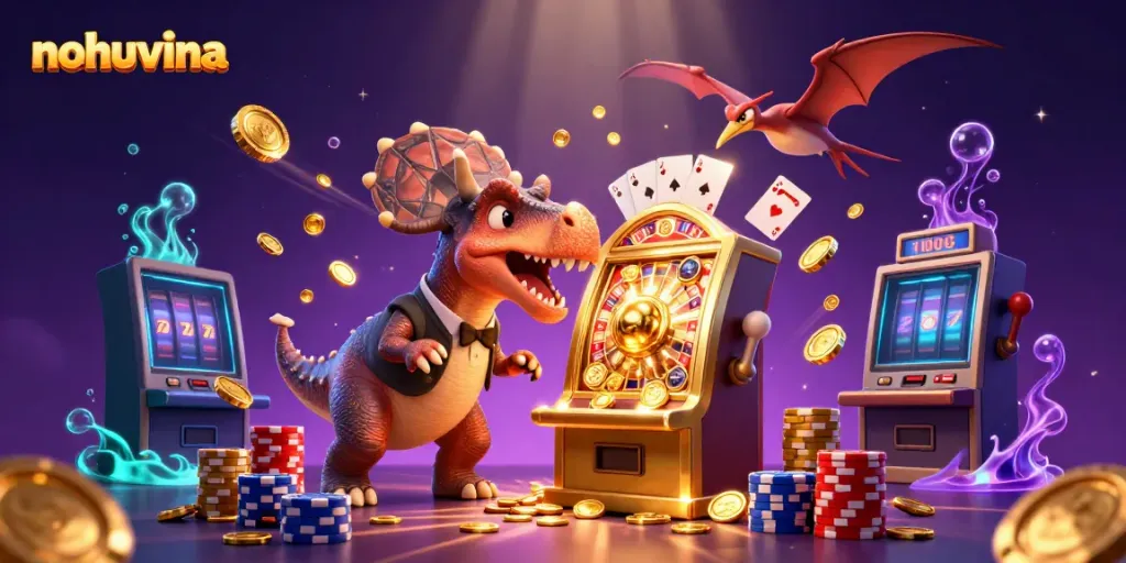 Nohuvina showcases an exciting casino scene with a cartoon dinosaur winning jackpot coins.