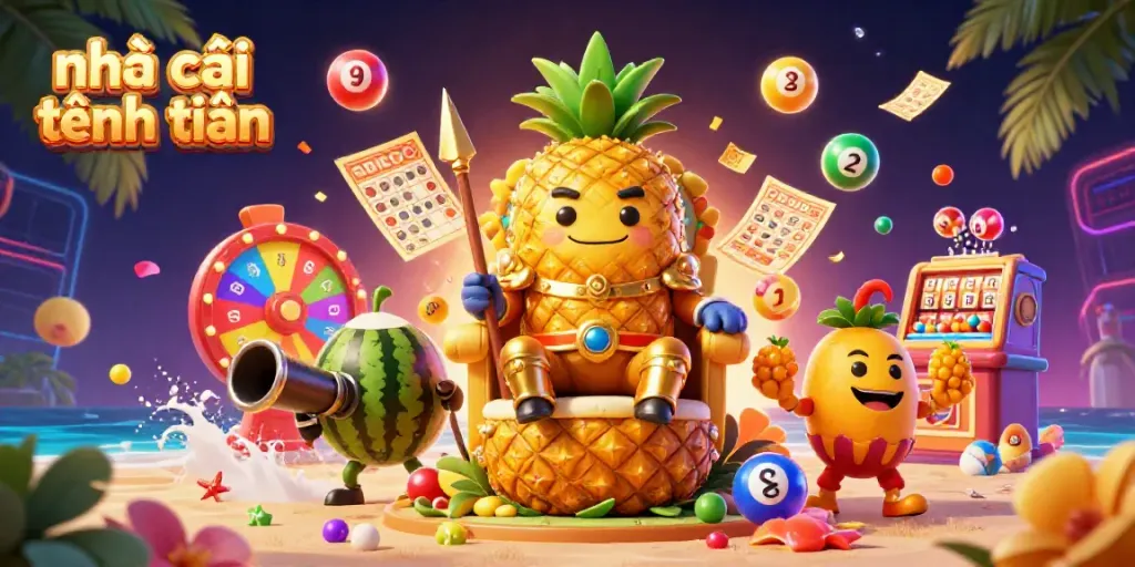 Engaging scene illustrating nhà cái tặng tiền with a cartoon pineapple king and vibrant casino elements for players.